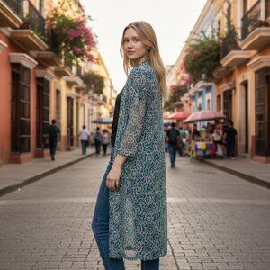 Pretty Young Thing Teal Lace Duster Cardigan Long Sheer Boho Small Vintage Y2K